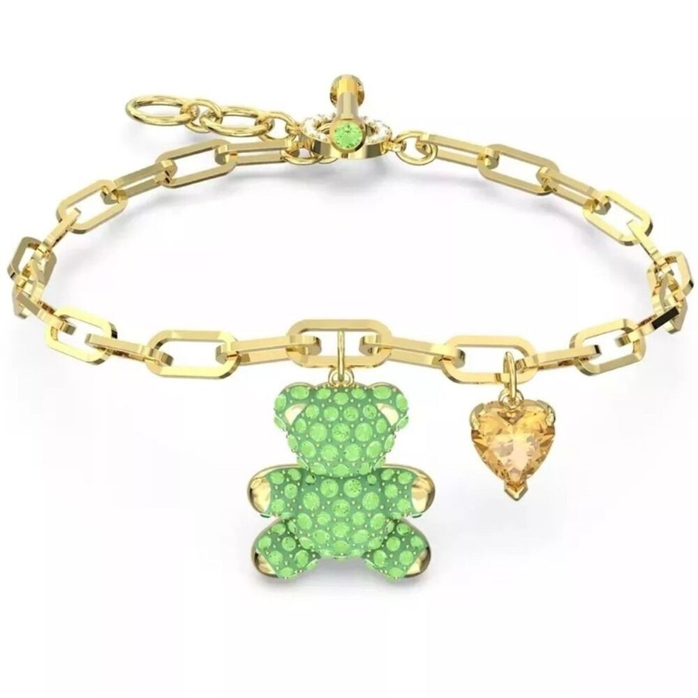 Swarovski  Green Teddy Bear Crystal Gold Bracelet and Gold Heart Charms